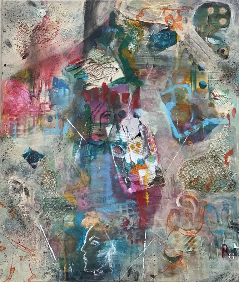 Mysterious Faces — original Mixed Media painting by Radka Gicheva, 60 W x 70 H x 2 D cm